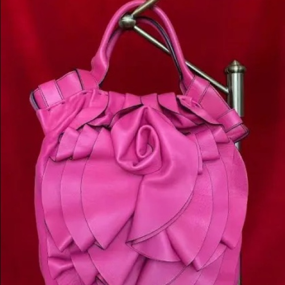 Valentino Soft Leather Fuchsia/raspberry/pink Tote With Flower Detail